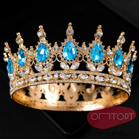 Топпер корона на торт, золото (15 см, Голубые камни)